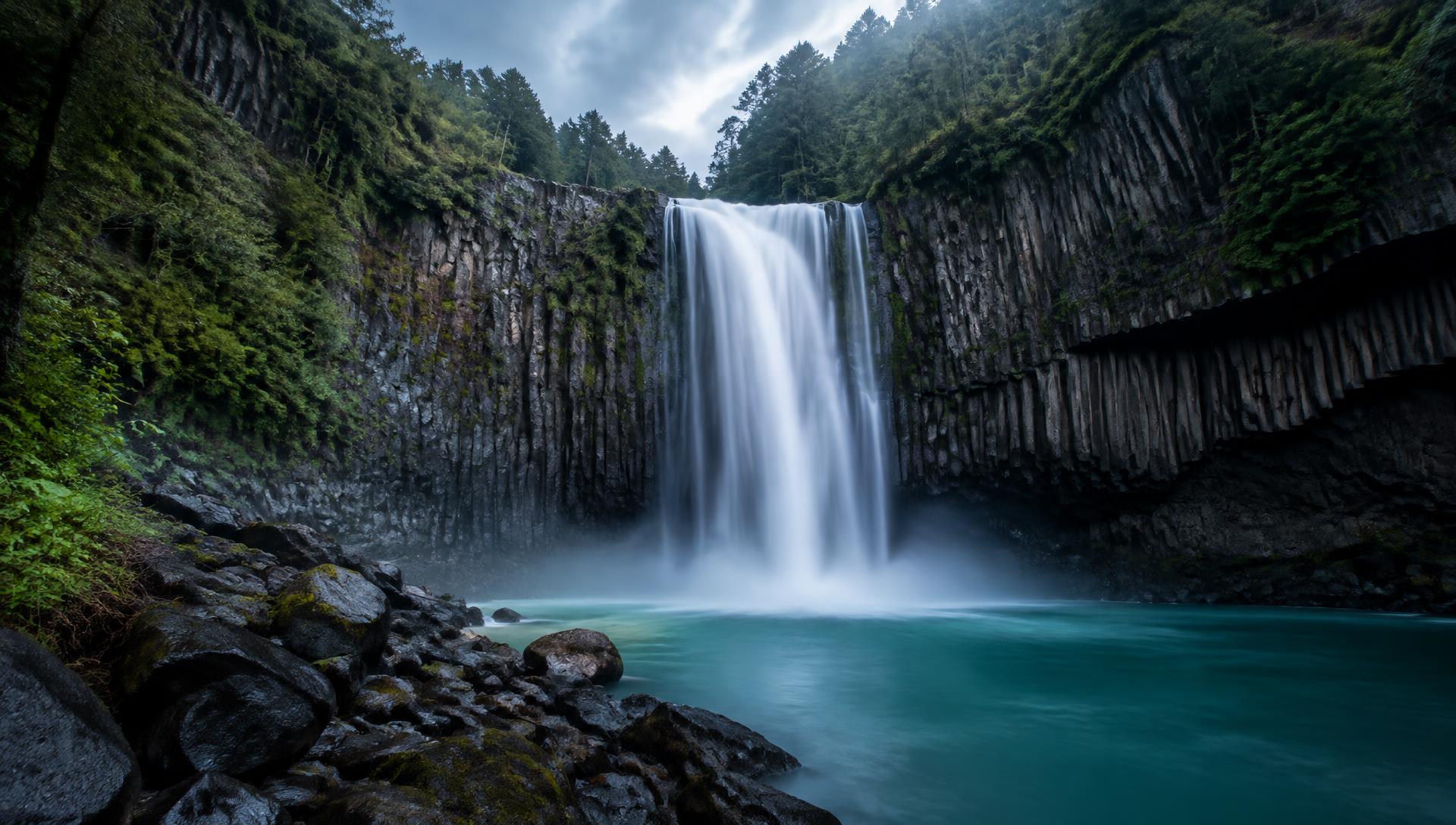 Cascada entre columnas de basalto en el sur de Chile