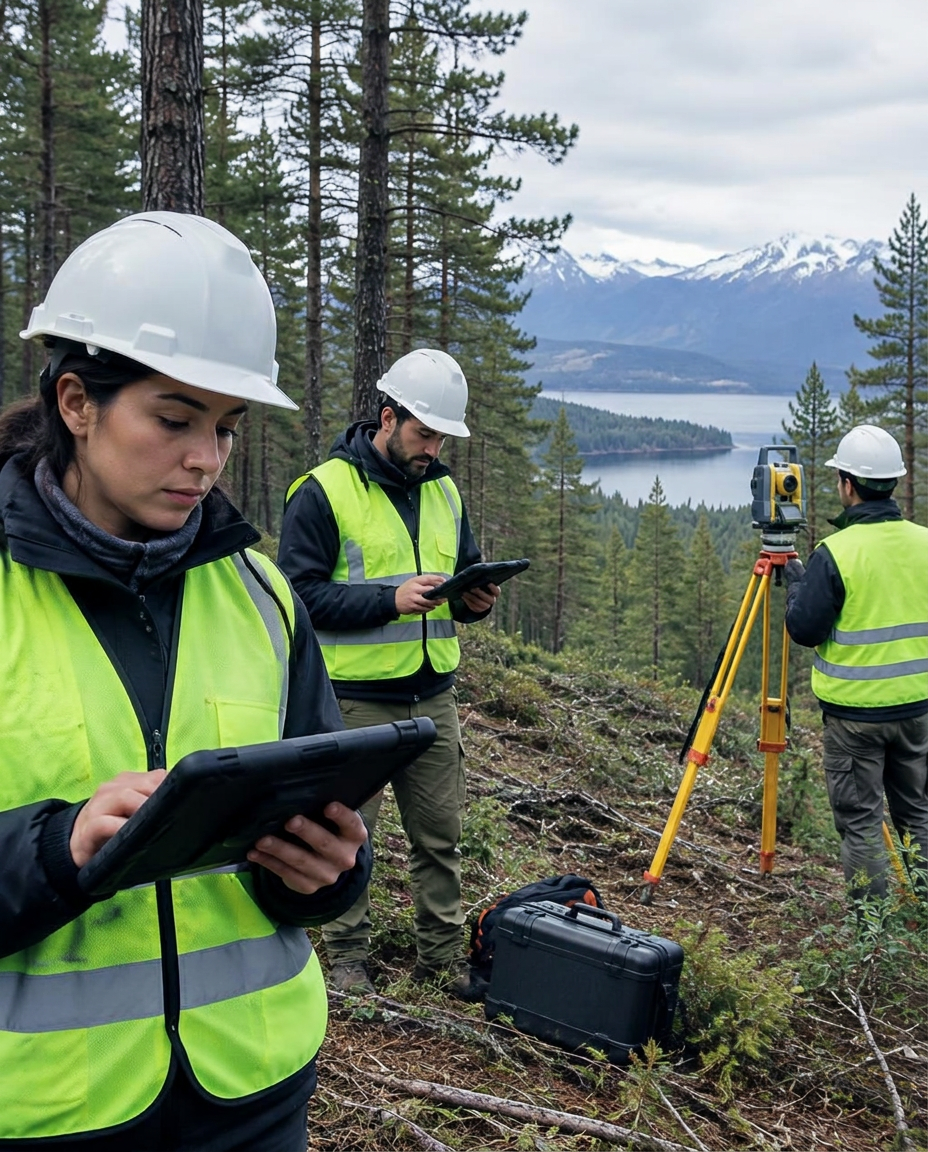 Equipo profesional trabajando en terreno forestal
